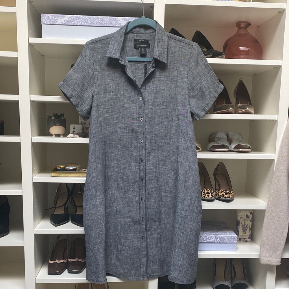 Tahari - Gray Linen Button-Down Dress!  Like NEW. Size S.